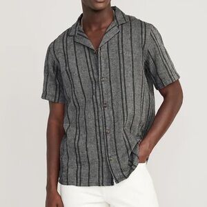 Old Navy Black and Gray Striped Linen Button Down Shirt Large EUC